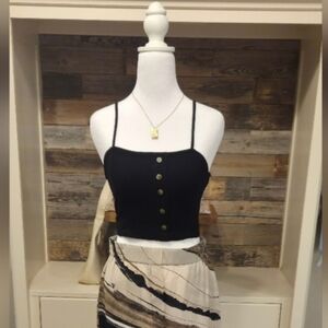 Dainty Hooligan Black Spaghetti Strap Crop Top With Brown Buttons & Cinched Back
